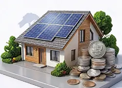 House with solar panels and coins